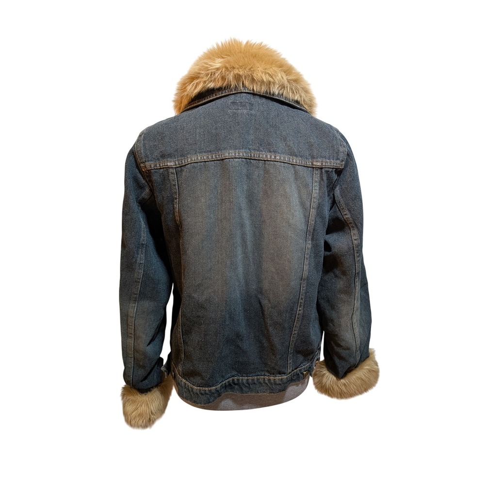 Boho Western Cowgirl Y2K Penny Lane Denim Faux Fur Lined M Trucker Zip Jacket - Picture 4 of 13